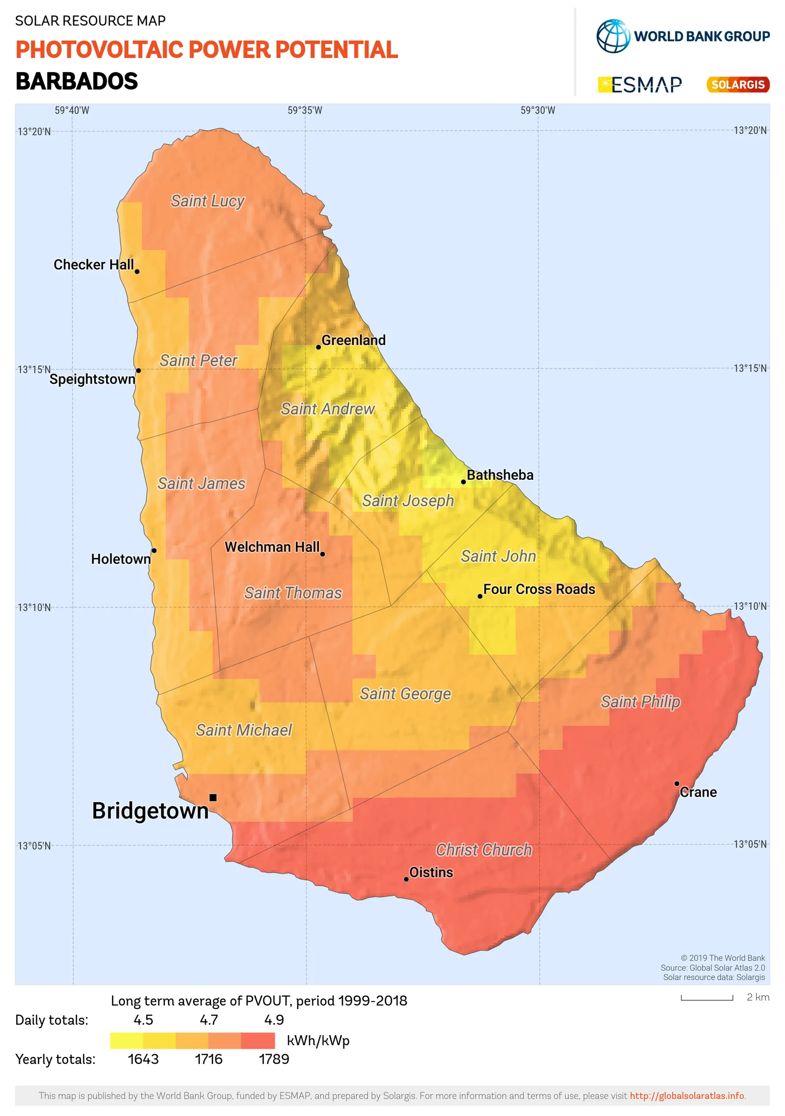 Map showing photovoltaic power potential across Barbados
