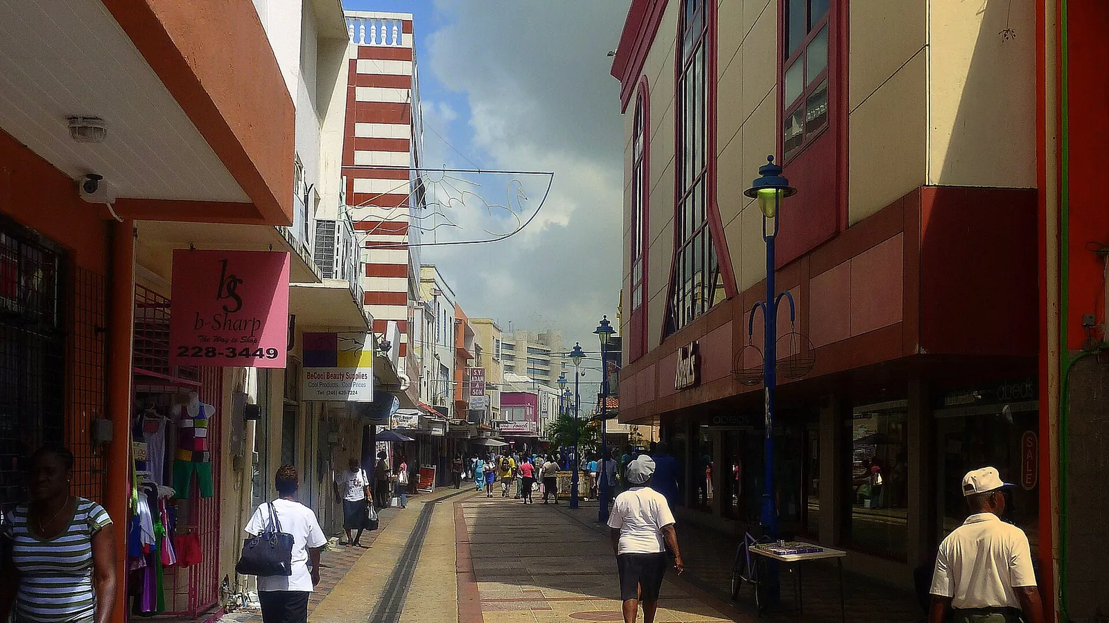 Historic shopfronts along Swan Street in Bridgetown, Barbados