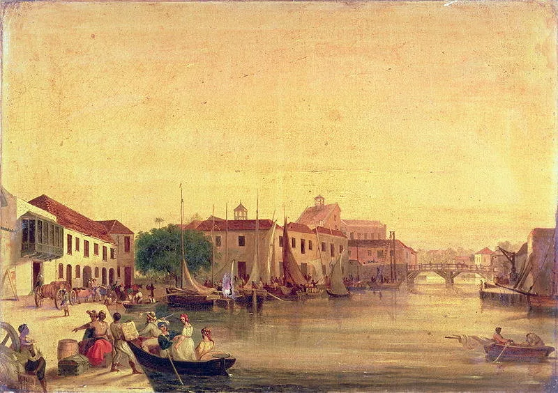 Nineteenth-century view of the Careenage at Bridgetown, Barbados, with sailing vessels alongside the wharves