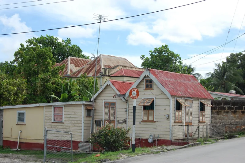 Painted chattel houses on a village street in Barbados