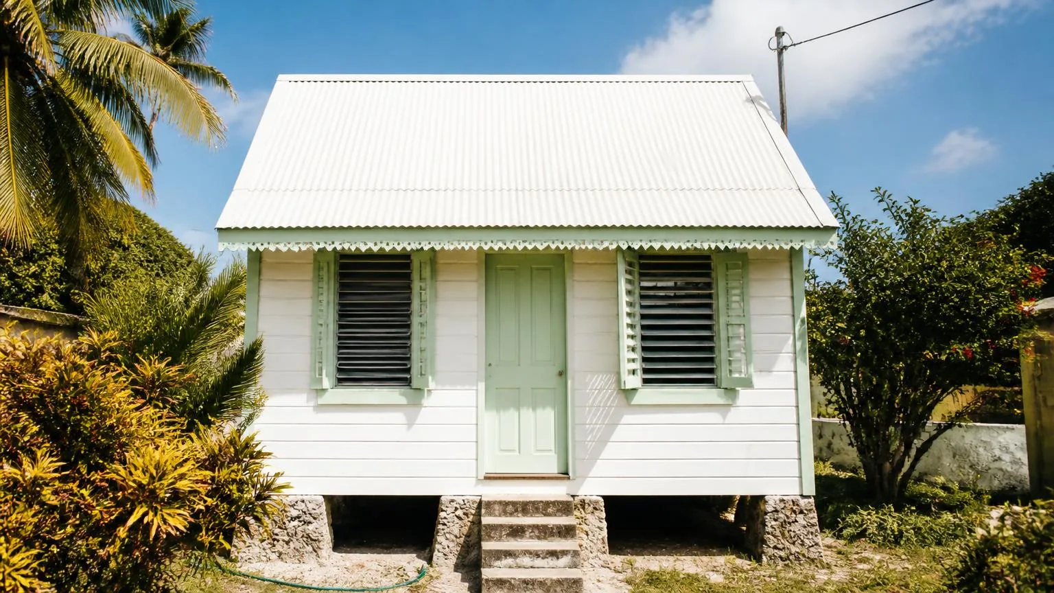 Traditional Barbadian chattel house with a steep gable roof and jalousie windows